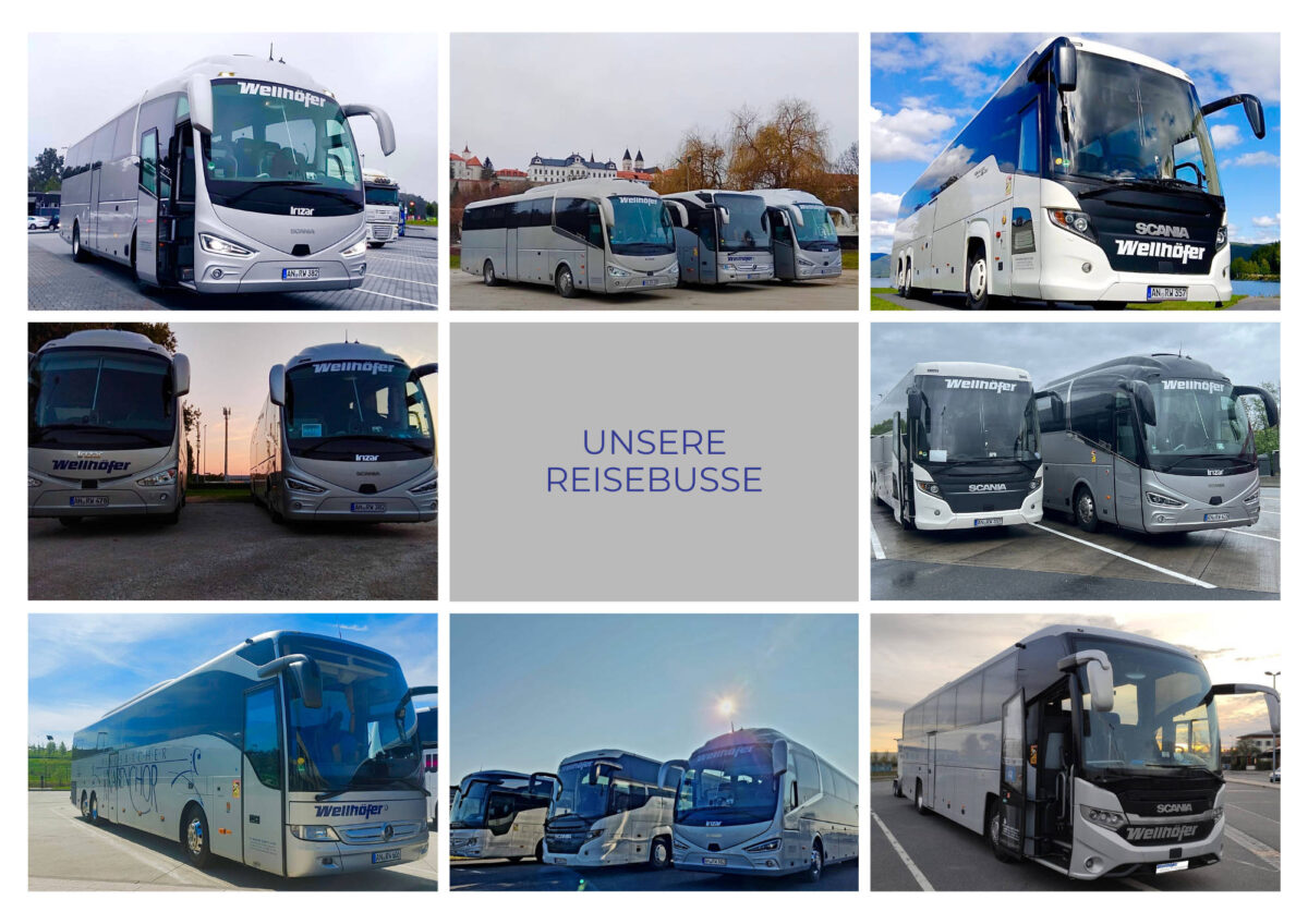 Verschiedene Reisebusse der Firma Wellhöfer