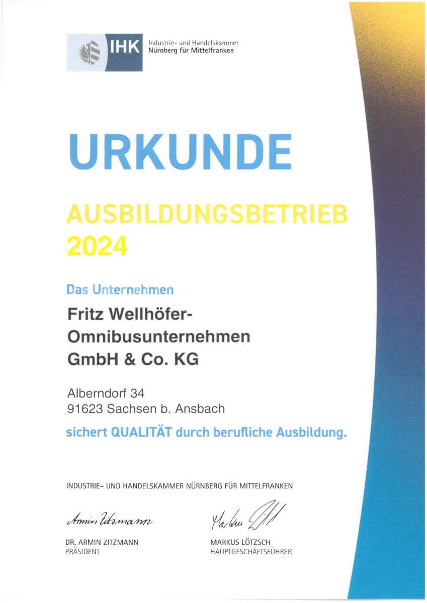 Scan einer Urkunde der IHK Mittelfranken, die den Status als Ausbildungsbetrieb bestätigt.